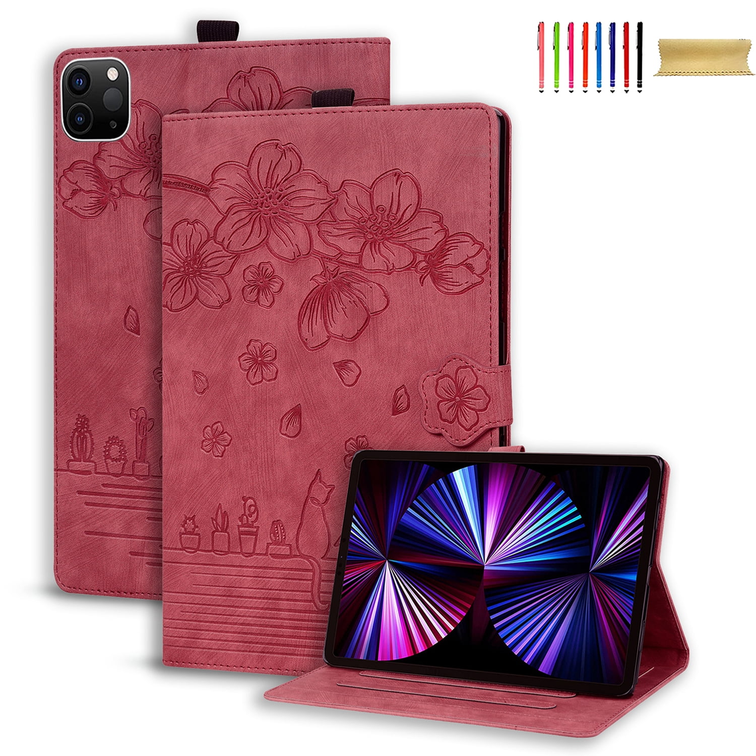 Allytechgroup Flip Case for Apple Pro 11" 2022/2021/2020/2018 4th 3rd 2nd 1st Gen, PU Leather Flower Embossed Pencil Holder Kickstand Bumper Auto Sleep Wake Case Cover for Girls Women, Winered