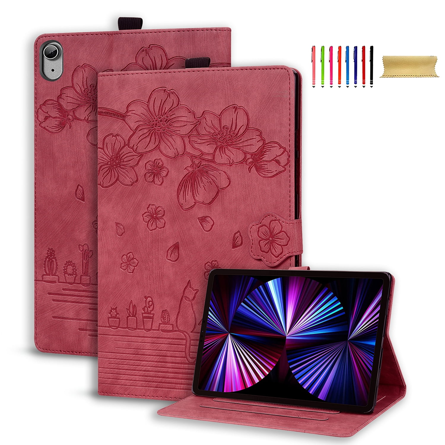 Allytechgroup Flip Case for Apple iPad (A16) 11th Gen 11" 2025/ iPad 10th Gen 10.9" 2022, Stylish Blossom PU Leather Auto Sleep Wake Protective Pencil Holder Shockproof Case for iPad 11/ iPad 10,Red