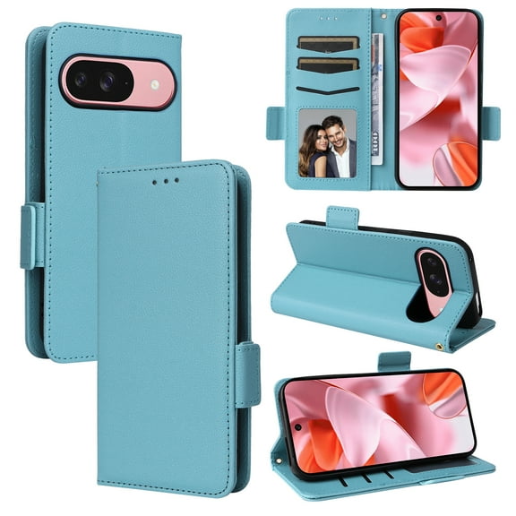 Allytechgroup Flip Case for Google Pixel 10 /10 Pro, PU Leather Slim Fit Shell Cards Holder Kickstand Shockproof Anti-Scratch Corner Protective Wallet Case for Google Pixel 10 /10 Pro, Cyanblue