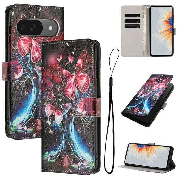 Allytechgroup Flip Case for Google Pixel 9 / 9 Pro with Lanyard, PU Leather Wallet Bumper with Credit Card Slot RFID Blocking Shockproof Full Body Protective Cover for Google Pixel 9 / 9 Pro, G