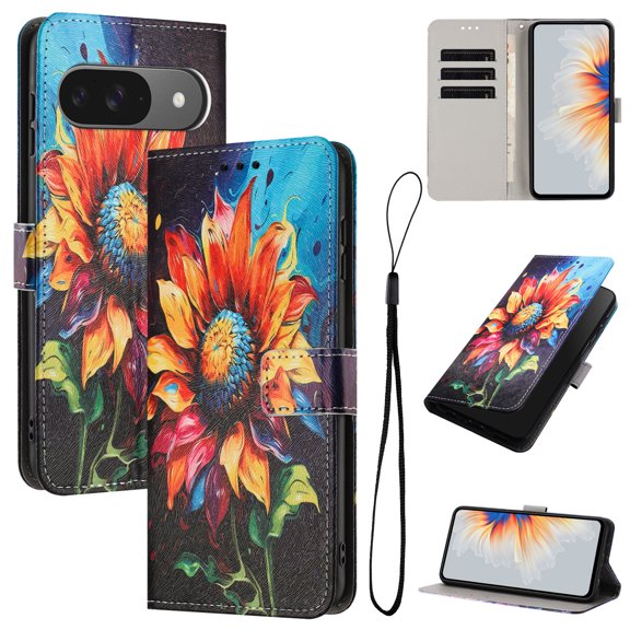 Allytechgroup Flip Case for Google Pixel 9 / 9 Pro with Lanyard, PU Leather Wallet Bumper with Credit Card Slot RFID Blocking Shockproof Full Body Protective Cover for Google Pixel 9 / 9 Pro, A