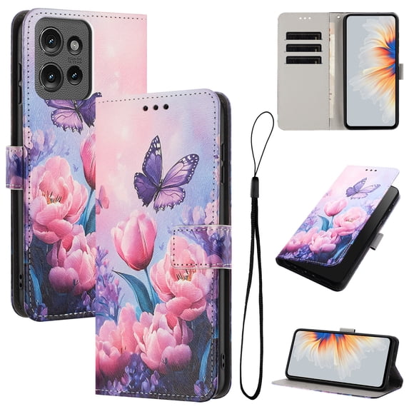 Allytechgroup Flip Case for Motorola Edge 2024 with Lanyard, PU Leather Wallet Bumper with Credit Card Slot RFID Blocking Shockproof Full Body Protective Cover for Motorola Edge 2024, B
