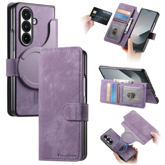 Allytechgroup Flip Case for Samsung Galaxy Z Fold 5 with Credit Card Slot, PU Leather Wallet Phone Case Kickstand Shockproof Magnetic Back Cover for Samsung Galaxy Z Fold 5, Purple