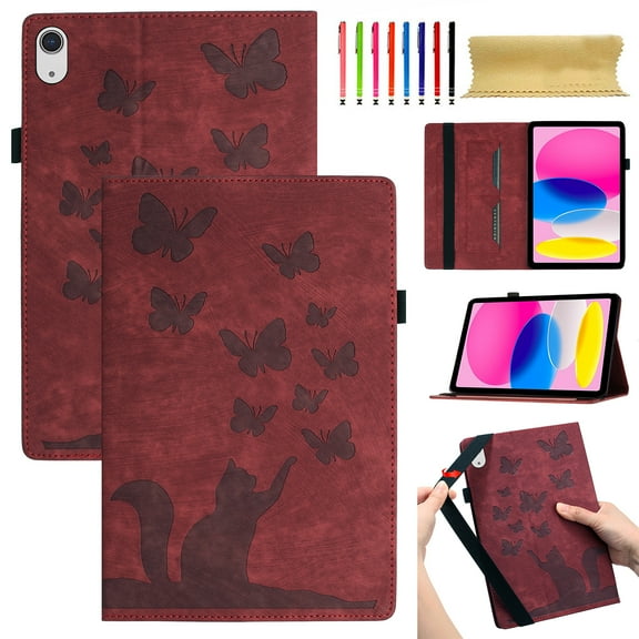 Allytechgroup Flip Case for iPad 10th Gen 10.9 inch 2022, Lovely Pattern Slim PU Leather Wallet Auto Sleep Wake Shockproof Cover with Stylus Holder Card Slots for iPad 10th Gen, Winered