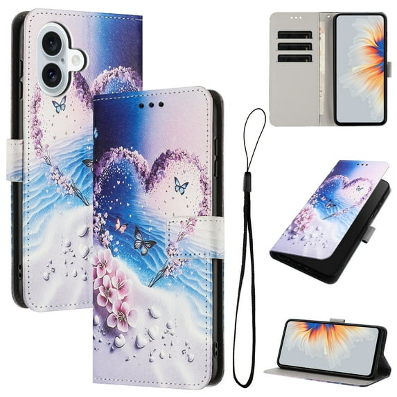Allytechgroup Flip Case for iPhone 16 Plus with Lanyard, PU Leather Wallet Bumper with Credit Card Slot RFID Blocking Shockproof Full Body Protective Cover for iPhone 16 Plus, D