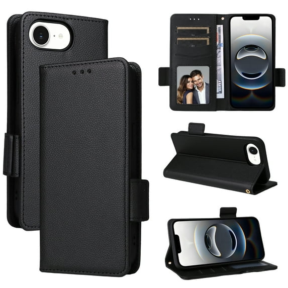 Allytechgroup Flip Case for iPhone 16e, PU Leather Slim Fit Shell Cards Holder Kickstand Shockproof Anti-Scratch Corner Protective Wallet Case for iPhone 16e, Black
