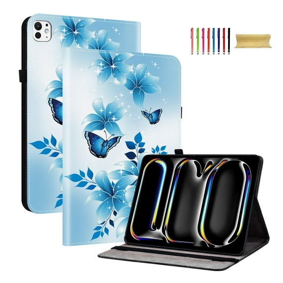Allytechgroup Flip Cover Case for Apple iPad Pro 13 Inch 2025/2024 M5 M4, Stylish Pattern Cards Slots Stand Protective Shockproof Case with Elastic Band for iPad Pro 13 Inch M5 M4, Blue Butterfly