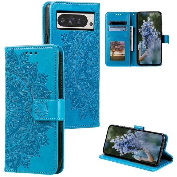 Allytechgroup Flip Cover Case for Google Pixel 10 Pro XL, Lightweight Mandala Embossed Stand Cards Holder Folio Flip Cover Shockproof Hand Wrist Phone Case for Google Pixel 10 Pro XL, Blue
