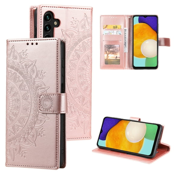 Allytechgroup Flip Cover Case for Samsung Galaxy A26 5G, Mandala Embossed Stand Cards Holder Folio Flip Cover Shockproof Hand Wrist Phone Case for Samsung Galaxy A26 5G, Rosegold