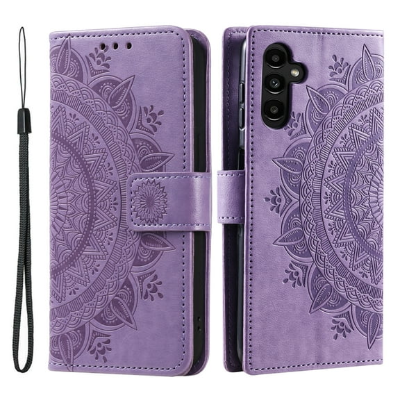 Allytechgroup Flip Cover Case for Samsung Galaxy S24 FE, Mandala Embossed Stand Cards Holder Folio Flip Cover Shockproof Hand Wrist Phone Case for Samsung Galaxy S24 FE, Purple