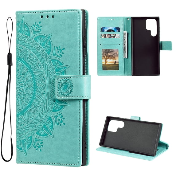 Allytechgroup Flip Cover Case for Samsung Galaxy S24 Ultra, Mandala Embossed Stand Cards Holder Folio Shockproof Hand Wrist Phone Case for Galaxy S24 Ultra, Green