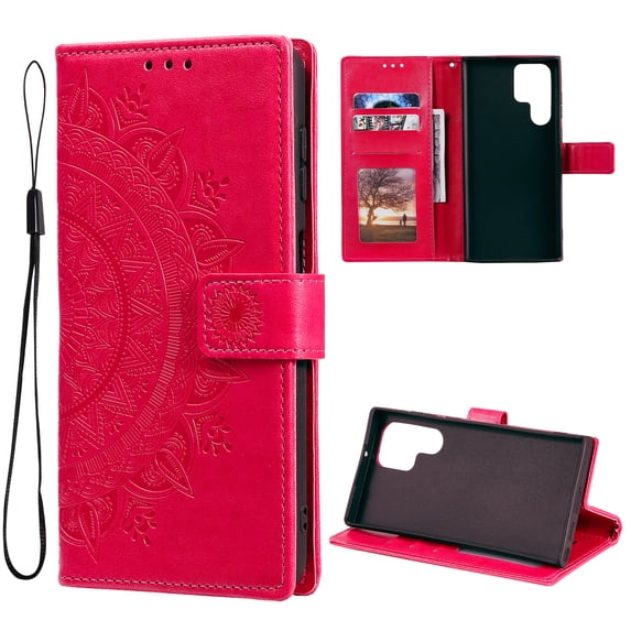 Allytechgroup Flip Cover Case for Samsung Galaxy S24 Ultra, Mandala Embossed Stand Cards Holder Folio Shockproof Hand Wrist Phone Case for Galaxy S24 Ultra, Red