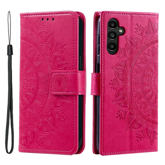 Allytechgroup Flip Cover Case for Samsung Galaxy S25 Ultra, Mandala Embossed Stand Cards Holder Folio Flip Cover Shockproof Hand Wrist Phone Case for Samsung Galaxy S25 Ultra, Red