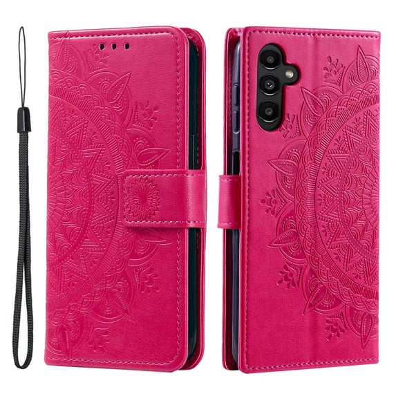 Allytechgroup Flip Cover Case for Samsung Galaxy S24, Mandala Embossed Stand Cards Holder Folio Shockproof Hand Wrist Phone Case for Galaxy S24, Red