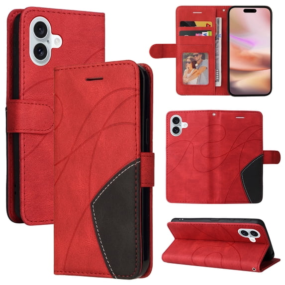 Allytechgroup Flip Cover Case for iPhone 16, RFID Blocking PU Leather TPU Inner Folio Stand Hand Wrist Cards Holder Wallet Case for Apple iPhone 16, Red