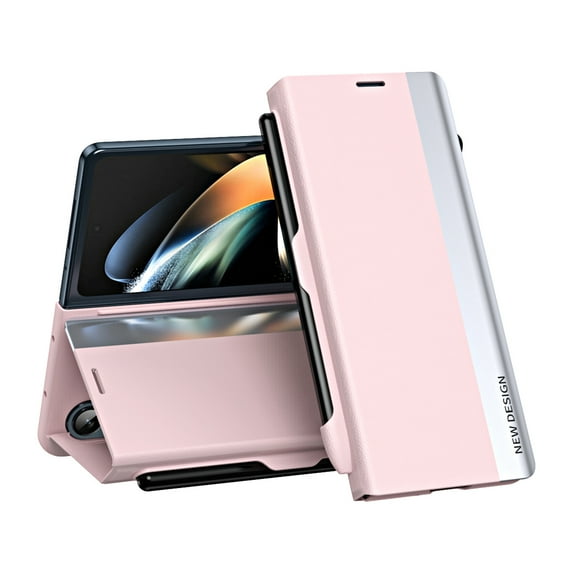 Allytechgroup Flip Cover Phone Case for Samsung Galaxy Z Fold 3, with Pen Holder + Stylus Pen Shockproof Slim Fit PU Leather Anti-Scratch Minimalist Case for Women Men, Pink
