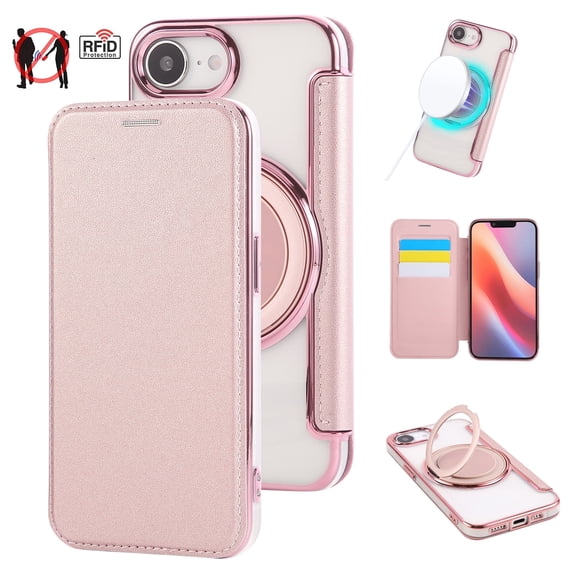 Allytechgroup Flip Wallet Case for Apple iPhone 17e 16e, PU Leather RFID Blocking Cards Slots Shockproof Cover Compatible with Magsafe Rotating Ring Kickstand Phone Case for Women Men,Rosegold