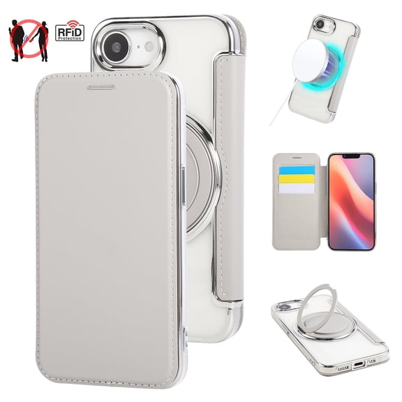 Allytechgroup Flip Wallet Case for Apple iPhone 17e 16e, PU Leather RFID Blocking Cards Slots Shockproof Cover Compatible with Magsafe Rotating Ring Kickstand Phone Case for Women Men,White