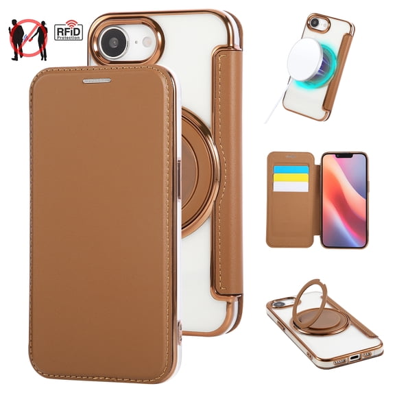Allytechgroup Flip Wallet Case for Apple iPhone 16e, PU Leather RFID Blocking Cards Slots Shockproof Cover Compatible with Magsafe Rotating Ring Kickstand Phone Case for Women Men,Brown