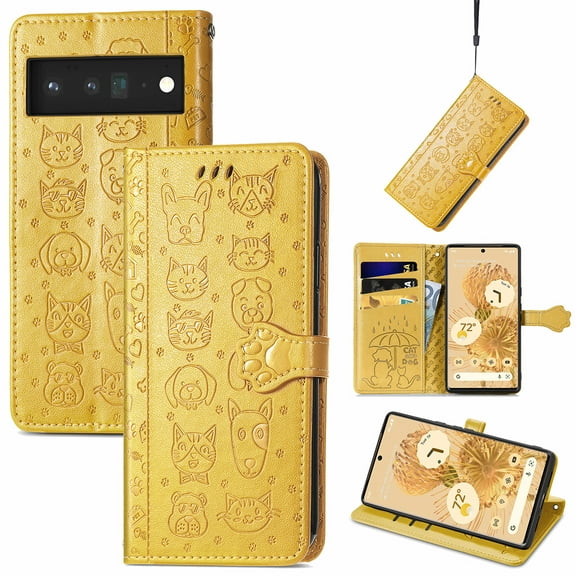 Allytechgroup Flip Wallet Case [Cat & Dog Cute Embossed Pattern] for Google Pixel 8 with Card Slots Cash Holder, Magnetic Clasp Shockproof Kickstand Cover with Hand Strap, Yellow
