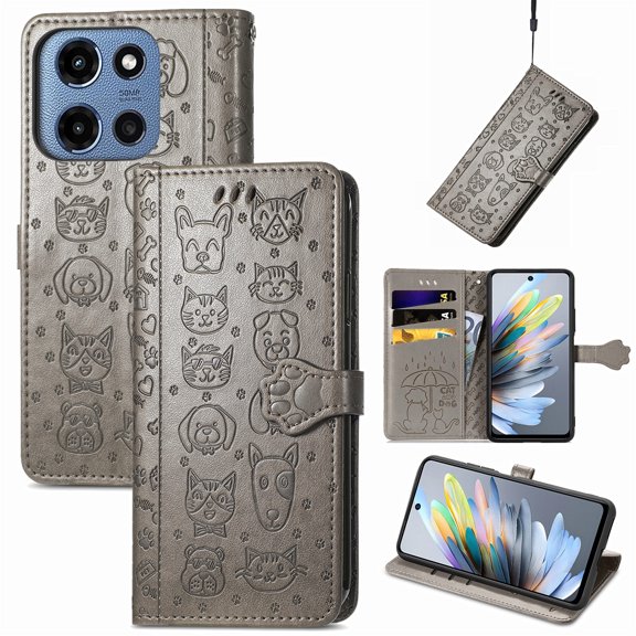 Allytechgroup Flip Wallet Case [Cat & Dog Cute Embossed Pattern] for Motorola Edge (2024) with Card Slots Cash Holder, Magnetic Clasp Shockproof Kickstand Cover with Hand Strap, Gray