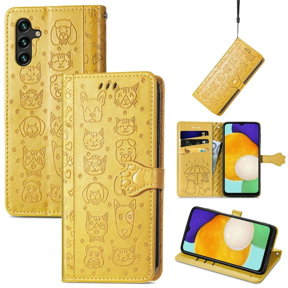 Allytechgroup Flip Wallet Case [Cat & Dog Cute Embossed Pattern] for Samsung Galaxy A14 5G with Card Slots Cash Holder, Magnetic Clasp Shockproof Kickstand Cover with Hand Strap, Yellow