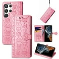thumbnail image 1 of Allytechgroup Flip Wallet Case [Cat & Dog Cute Embossed Pattern] for Samsung Galaxy S24 Ultra with Card Slots Cash Holder, Magnetic Clasp Shockproof Kickstand Cover with Hand Strap, Pink, 1 of 10