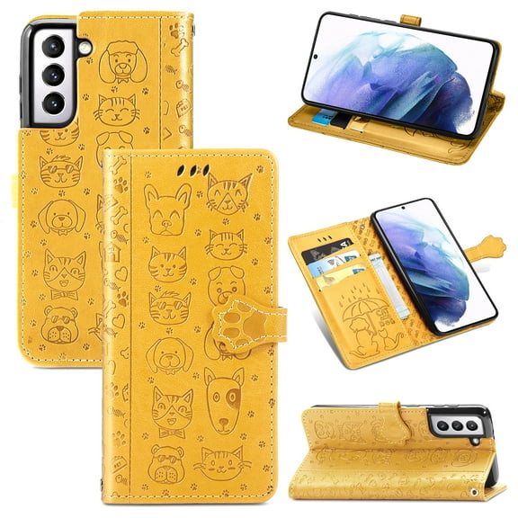 Allytechgroup Flip Wallet Case [Cat & Dog Cute Embossed Pattern] for Samsung Galaxy S25 Edge with Card Slots Cash Holder, Magnetic Clasp Shockproof Kickstand Cover with Hand Strap, Yellow