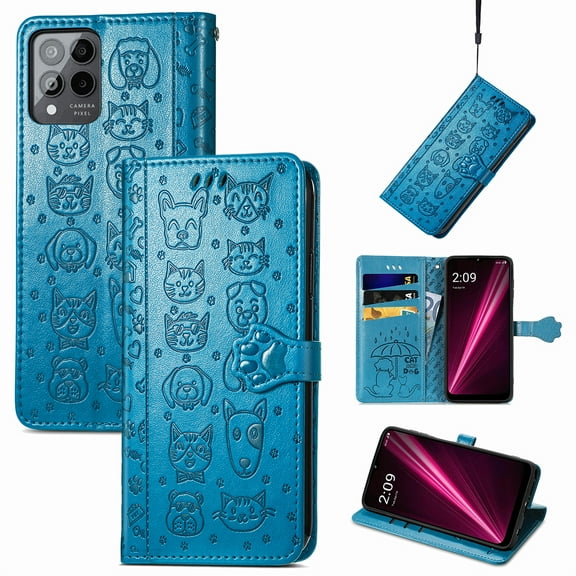 Allytechgroup Flip Wallet Case [Cat & Dog Cute Embossed Pattern] for T-Mobile REVVL 6 Pro 5G with Card Slots Cash Holder, Stylish Magnetic Clasp Kickstand Shockproof Cover with Hand Strap, Blue