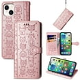 thumbnail image 1 of Allytechgroup Flip Wallet Case [Cat & Dog Cute Embossed Pattern] for iPhone 14 Plus with Card Slots Cash Holder, Magnetic Clasp Shockproof Kickstand Cover with Hand Strap, Rosegold, 1 of 9