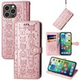 thumbnail image 1 of Allytechgroup Flip Wallet Case [Cat & Dog Cute Embossed Pattern] for iPhone 14 Pro with Card Slots Cash Holder, Magnetic Clasp Shockproof Kickstand Cover with Hand Strap, Rosegold, 1 of 9