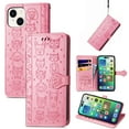 thumbnail image 1 of Allytechgroup Flip Wallet Case [Cat & Dog Cute Embossed Pattern] for iPhone 15 with Card Slots Cash Holder, Magnetic Clasp Shockproof Kickstand Cover with Hand Strap, Pink, 1 of 6