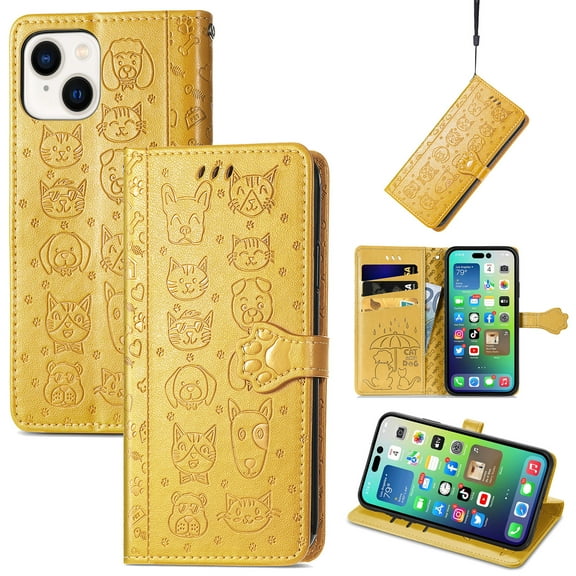 Allytechgroup Flip Wallet Case [Cat & Dog Cute Embossed Pattern] for iPhone 15 Plus with Card Slots Cash Holder, Magnetic Clasp Shockproof Kickstand Cover with Hand Strap, Yellow