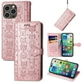 thumbnail image 1 of Allytechgroup Flip Wallet Case [Cat & Dog Cute Embossed Pattern] for iPhone 15 Pro with Card Slots Cash Holder, Magnetic Clasp Shockproof Kickstand Cover with Hand Strap, Rosegold, 1 of 7