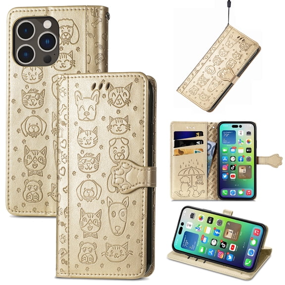 Allytechgroup Flip Wallet Case [Cat & Dog Cute Embossed Pattern] for iPhone 16 with Card Slots Cash Holder, Magnetic Clasp Shockproof Kickstand Cover with Hand Strap, Gold