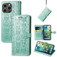 thumbnail image 1 of Allytechgroup Flip Wallet Case [Cat & Dog Cute Embossed Pattern] for iPhone 16 with Card Slots Cash Holder, Magnetic Clasp Shockproof Kickstand Cover with Hand Strap, Green, 1 of 6