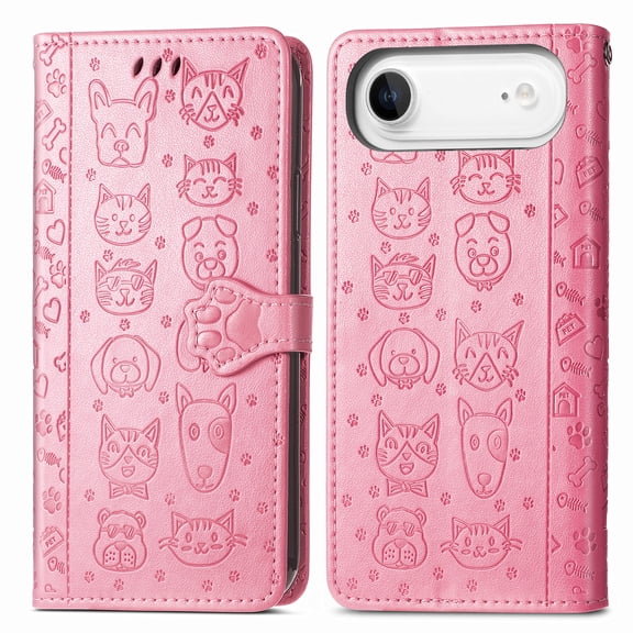 Allytechgroup Flip Wallet Case [Cat & Dog Cute Embossed Pattern] for iPhone Air with Card Slots Cash Holder, Magnetic Clasp Shockproof Kickstand Cover with Hand Strap, Pink