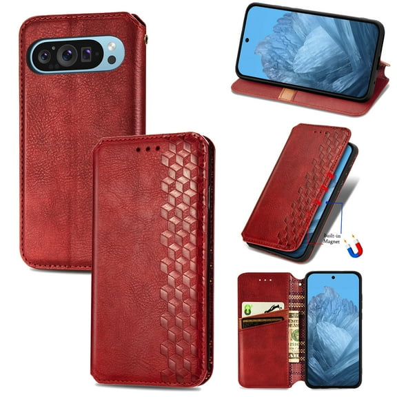 Allytechgroup Flip Wallet Case for Google Pixel 10 Pro XL, Premium PU Leather Luxury Case with Kickstand & Card Slots, Magnetic Closure Inner Soft TPU Shockproof Protective Case for Women Men, Red