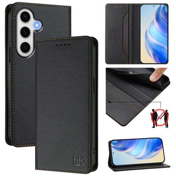 Allytechgroup Flip Case for Samsung Galaxy S24+, Compatible with MagSafe RFID Blocking PU Leather Shell with Credit Card Slot Shockproof Protective Back Cover for Samsung Galaxy S24+, Black