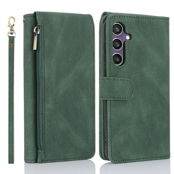 Allytechgroup Flip Wallet Case for Samsung Galaxy S24+ with Credit Card Slot, RFID Blocking PU Leather Stand Shell Wrist Strap Shockproof Full Body Protective for Samsung Galaxy S24+, Darkgreen