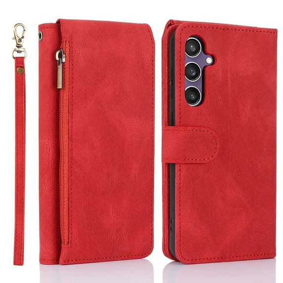 Allytechgroup Flip Wallet Case for Samsung Galaxy S24+ with Credit Card Slot, RFID Blocking PU Leather Stand Shell Wrist Strap Shockproof Full Body Protective for Samsung Galaxy S24+, Red