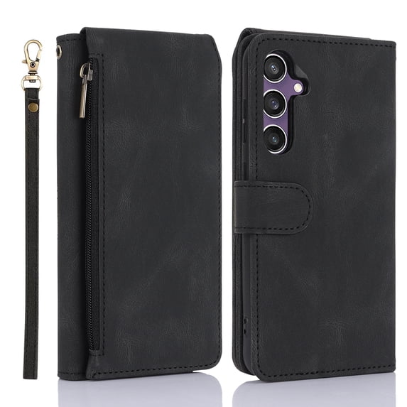 Allytechgroup Flip Wallet Case for Samsung Galaxy S24+ with Credit Card Slot, RFID Blocking PU Leather Stand Shell Wrist Strap Shockproof Full Body Protective for Samsung Galaxy S24+, Black