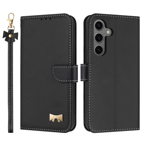 Allytechgroup Flip Wallet Case for Samsung Galaxy S24 FE, RFID Blocking PU Leather Phone Case with Credit Card Slot Shoulder Strap Wrist Strap Shockproof Back Cover for Samsung Galaxy S24 FE, Black
