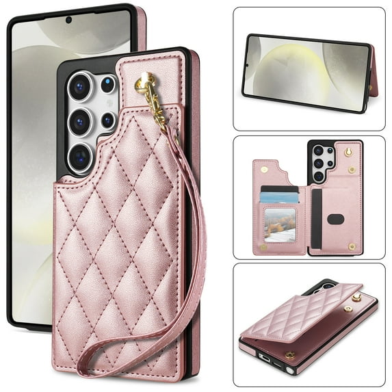Allytechgroup Flip Wallet Case for Samsung Galaxy S25 Ultra with Cards Holder, PU Leather Phone Case with Lanyard Kickstand Shockproof Back Cover for Samsung Galaxy S25 Ultra, Rosegold