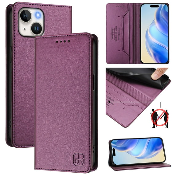 Allytechgroup Flip Wallet Case for iPhone 14, Compatible with MagSafe RFID Blocking PU Leather Shell with Credit Card Slot Shockproof Protective Back Cover for iPhone 14, Darkpurple