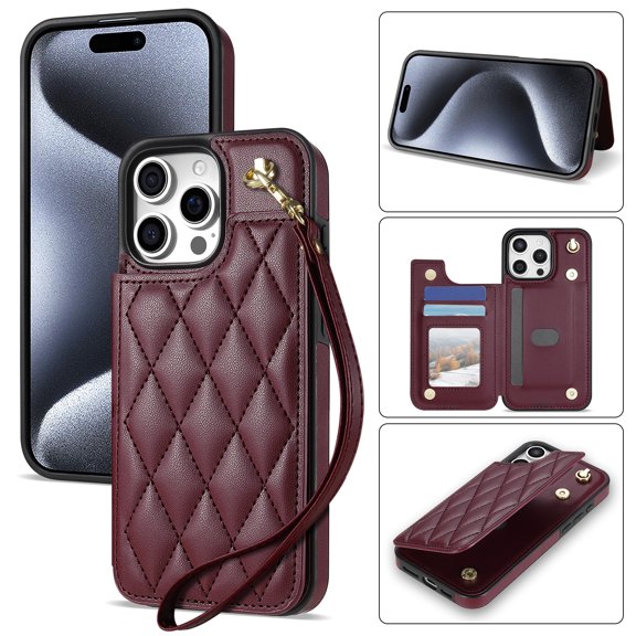 Allytechgroup Flip Wallet Case for iPhone 15 Pro with Cards Holder, PU Leather Phone Case with Lanyard Kickstand Shockproof Back Cover for iPhone 15 Pro, Winered