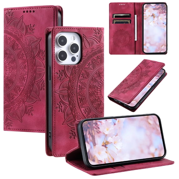 Allytechgroup Flip Wallet Case for iPhone 16, Built-in Credit Card Slot RFID Blocking PU Leather Rugged Stand Phone Case Shockproof Protective Back Cover for iPhone 16, Red
