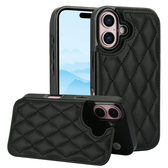 Allytechgroup Flip Wallet Case for iPhone 16 with Card Slots, Premium PU Leather [RFID Blocking] [Double Magnetic Button] Kickstand Shell, Shockproof Anti-Fall Protective Case, Black