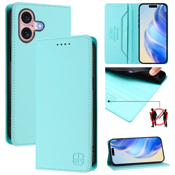 Allytechgroup Flip Wallet Case for iPhone 16, Compatible with MagSafe RFID Blocking PU Leather Shell with Credit Card Slot Shockproof Protective Back Cover for iPhone 16, Mint
