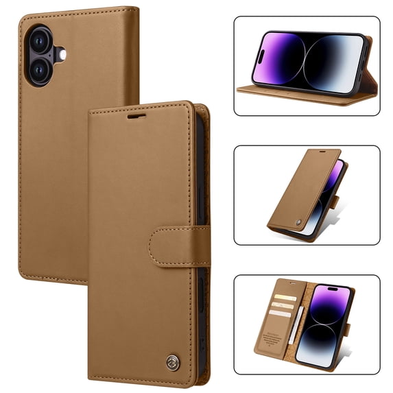 Allytechgroup Flip Wallet Case for iPhone 16, with Credit Card Slots, Magnetic Clasp, Slim Thin RFID Blocking Premium PU Leather Shockproof Kickstand Cover Case for Women Men, Brown